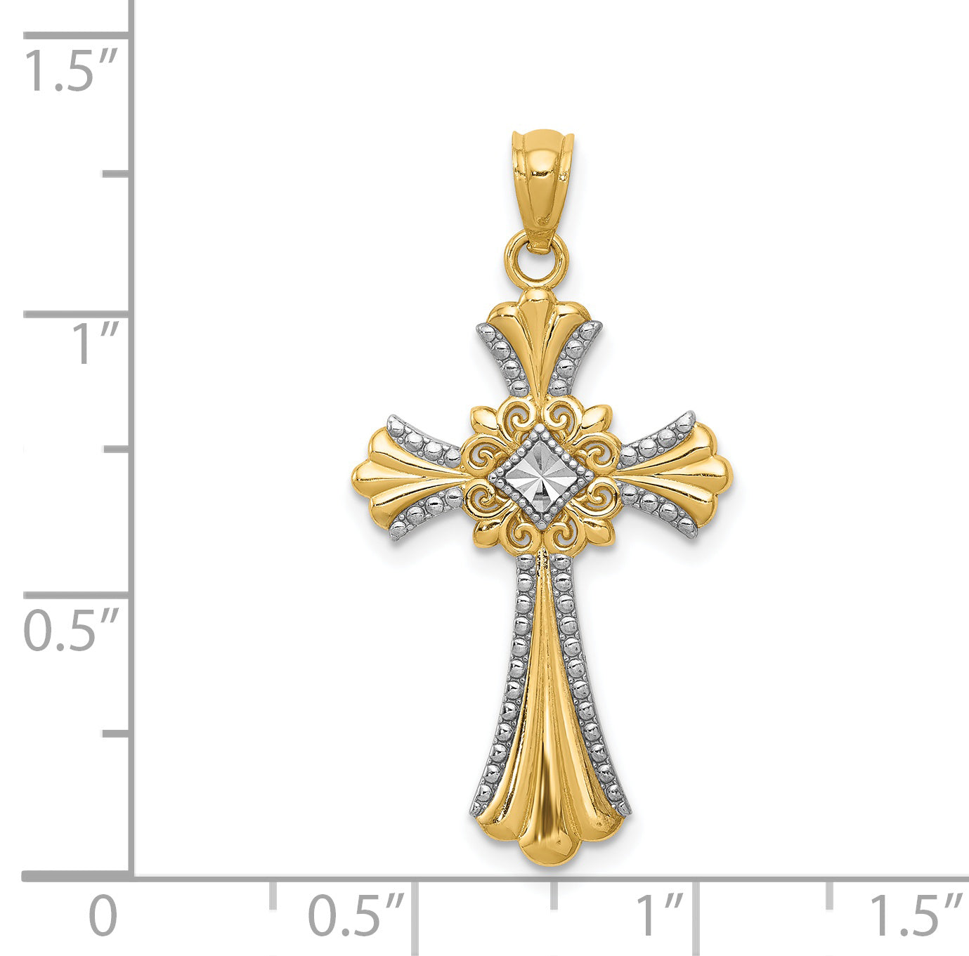 14K Gold and Rhodium Diamond-Cut Cross Pendant with Elegant Concave Design