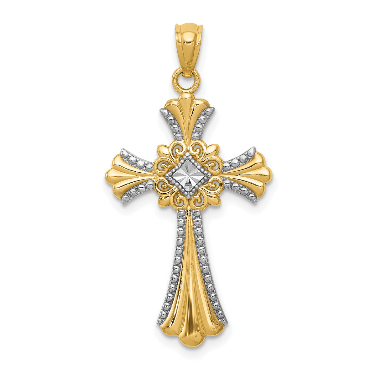 14K w/Rhodium Diamond-Cut Cross Pendant