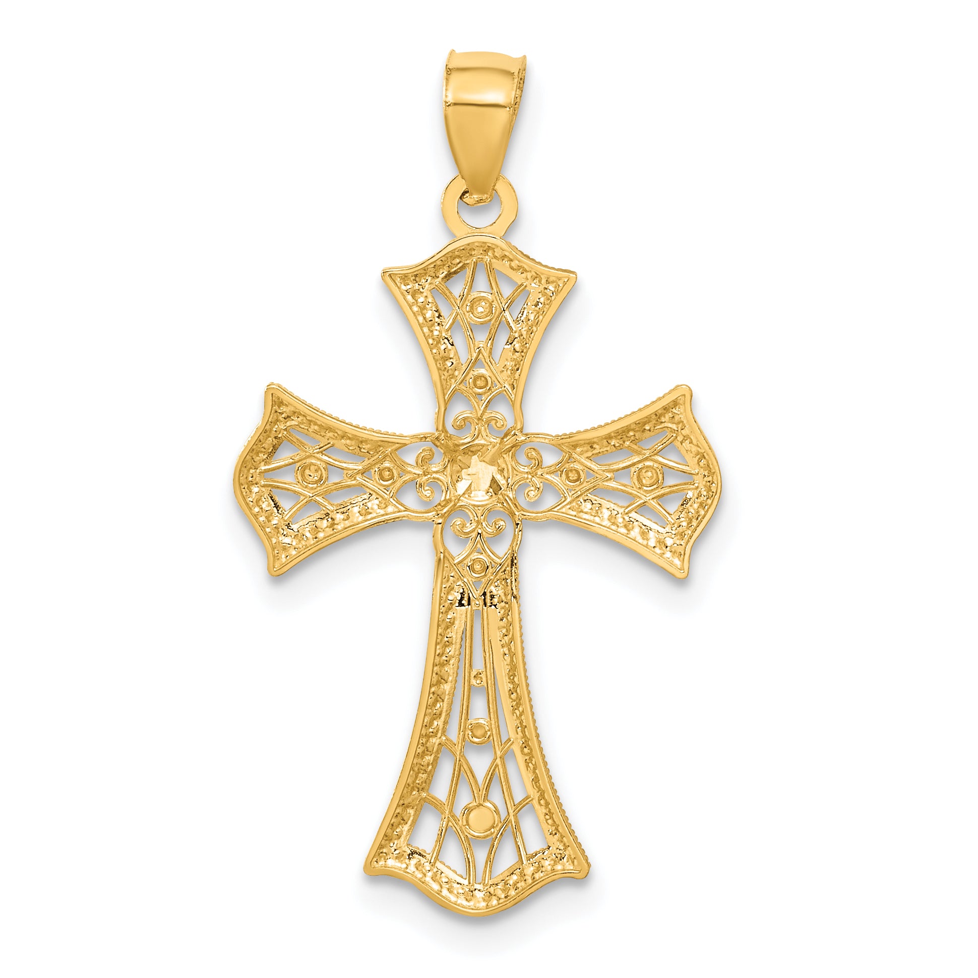 14K Gold and Rhodium Diamond-Cut Cross Pendant Elegant Concave Design