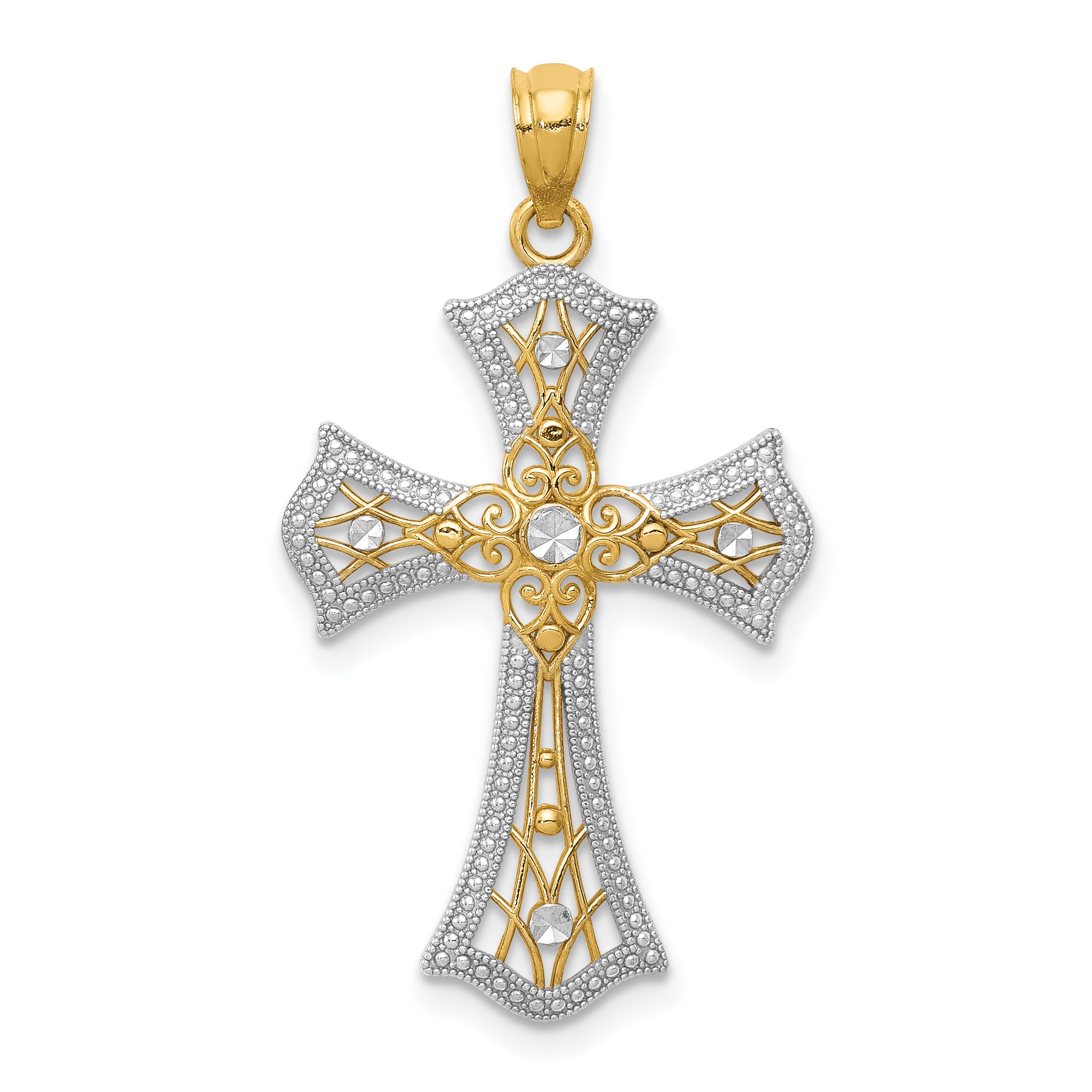 14K w/Rhodium Diamond-Cut Cross Pendant