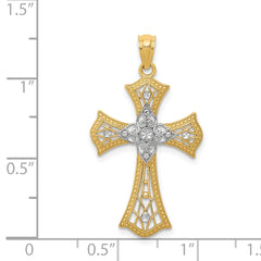 14K Gold with Rhodium Diamond-Cut Cross Pendant Solid, Elegant Design