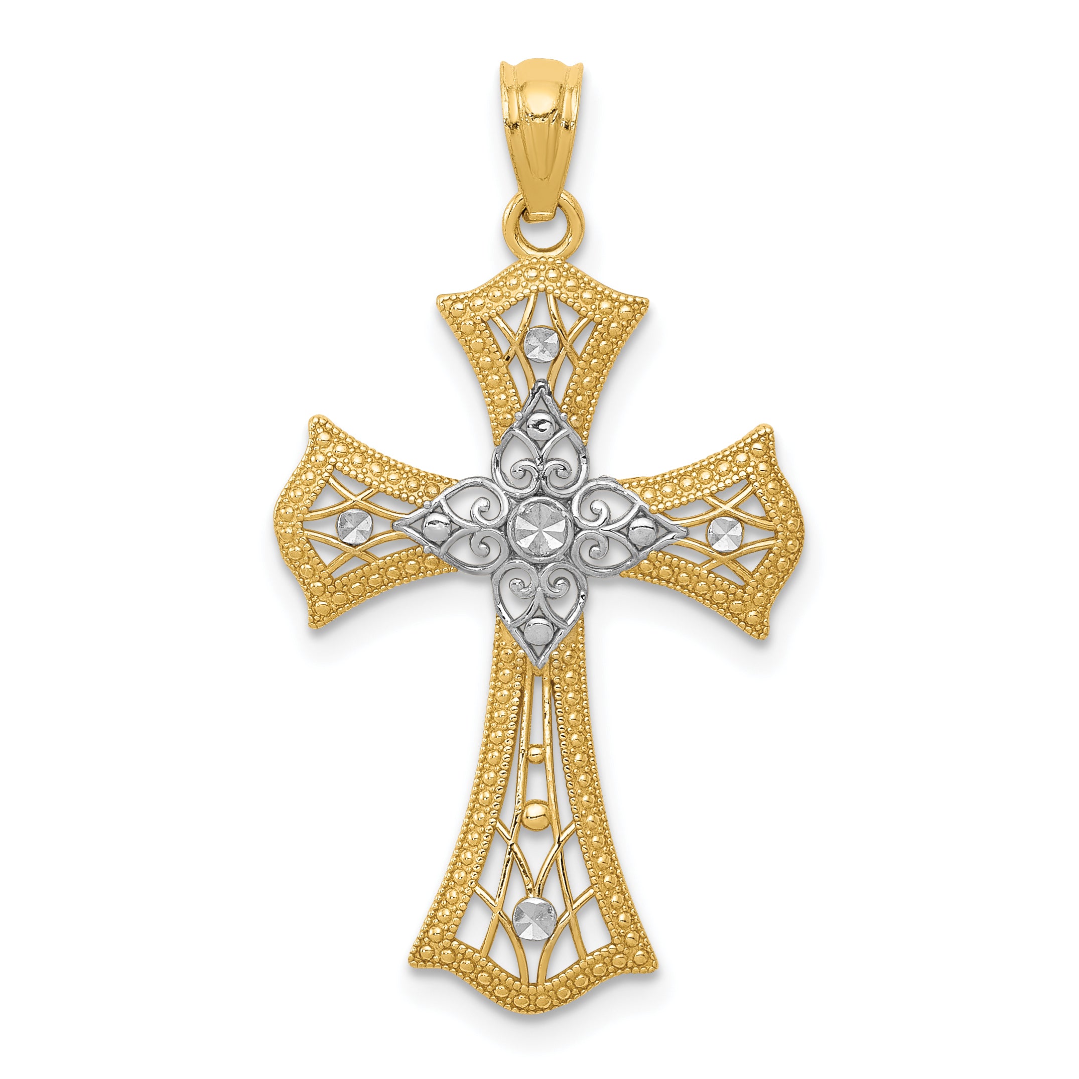 14K w/Rhodium Diamond-Cut Cross Pendant