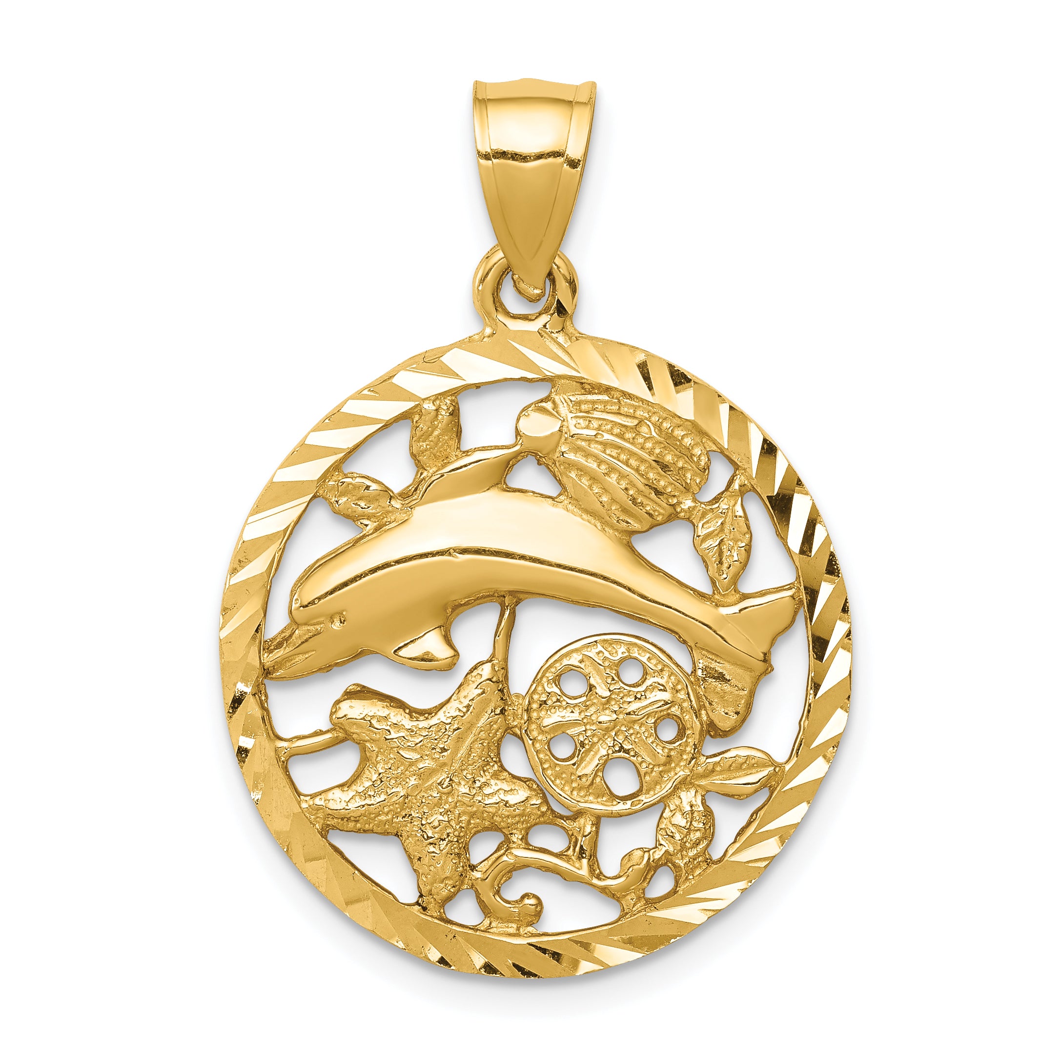 14K Diamond-cut Dolphin and Shells Circle Pendant