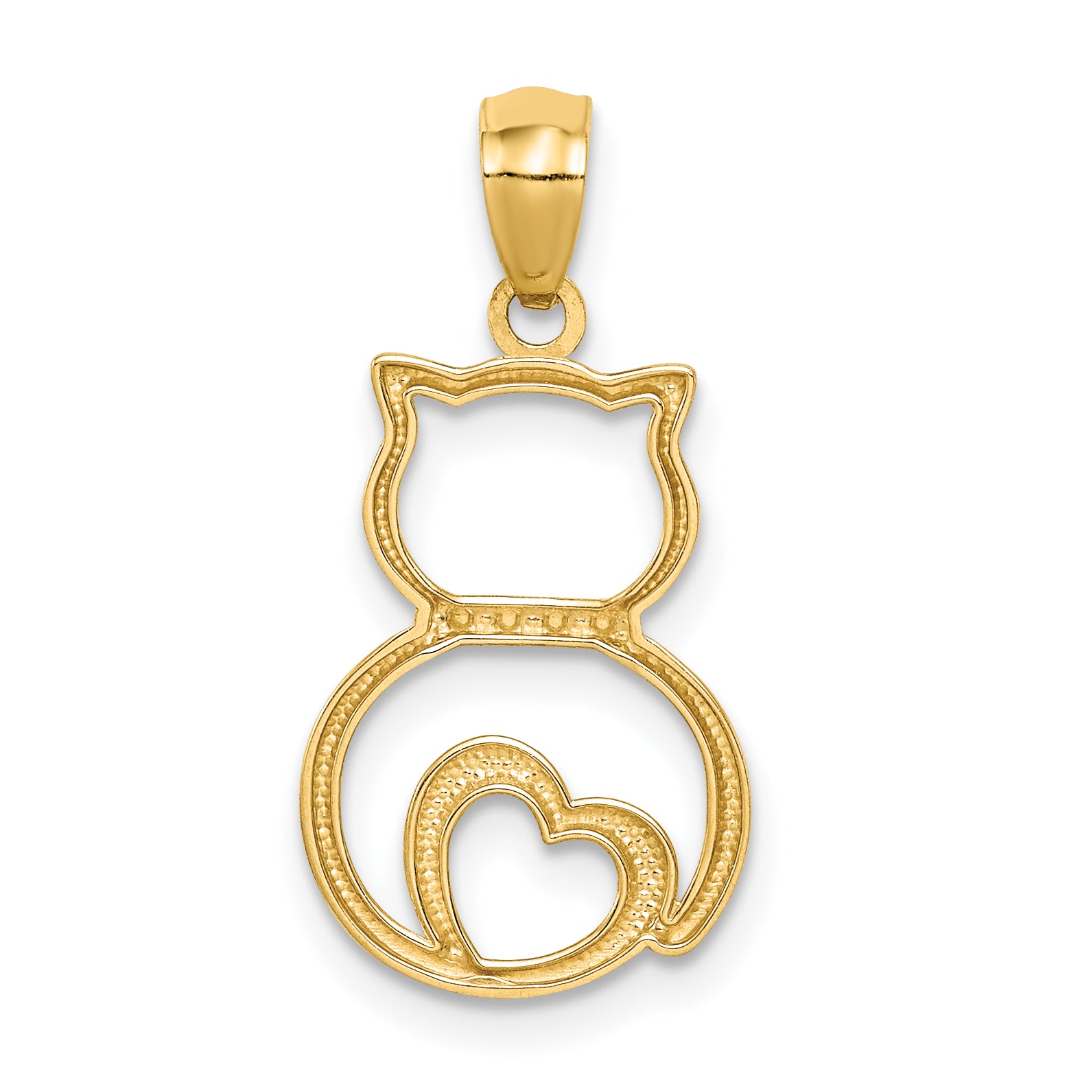 14k White Rhodium Diamond-cut Sitting Cat Pendant