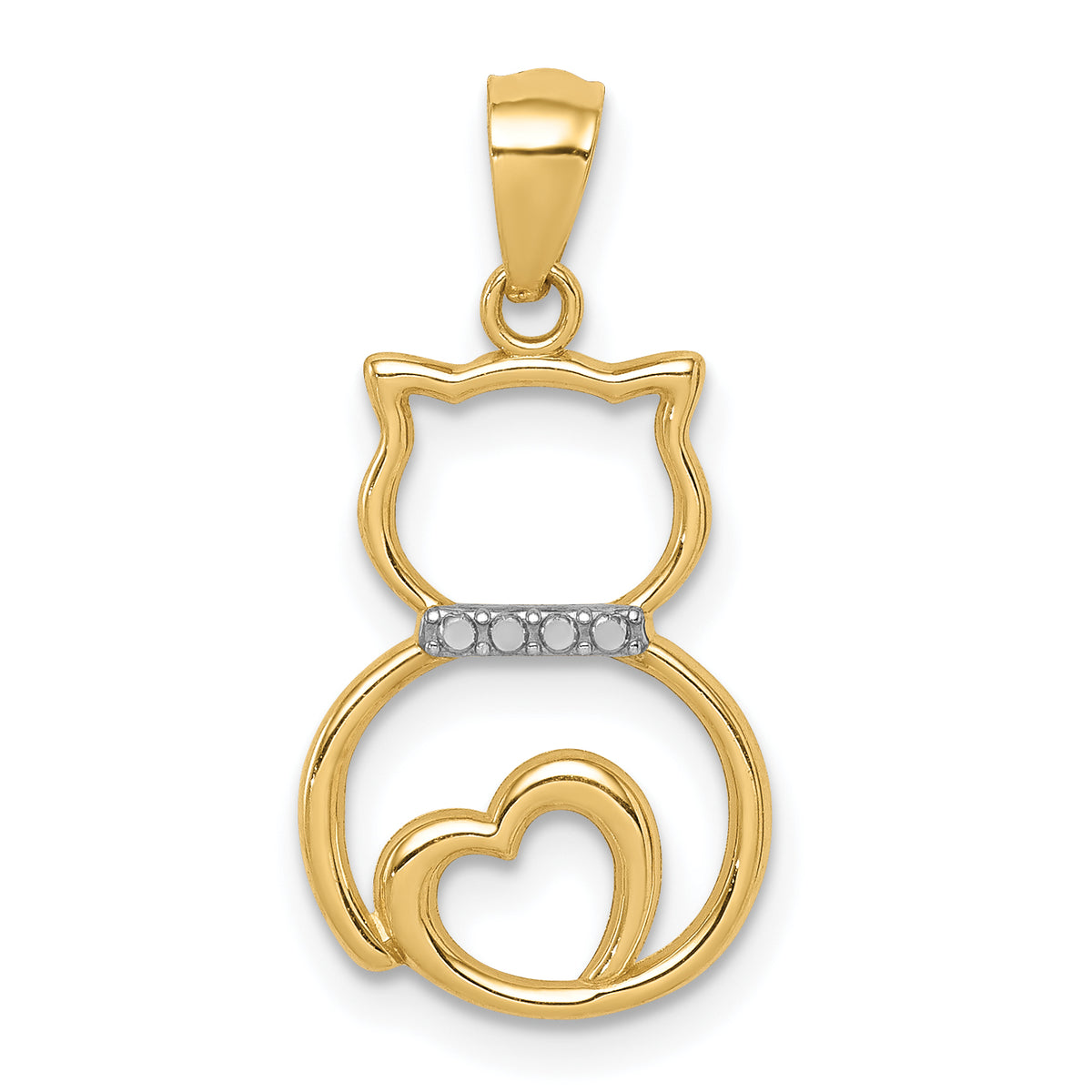 14k White Rhodium Diamond-cut Sitting Cat Pendant