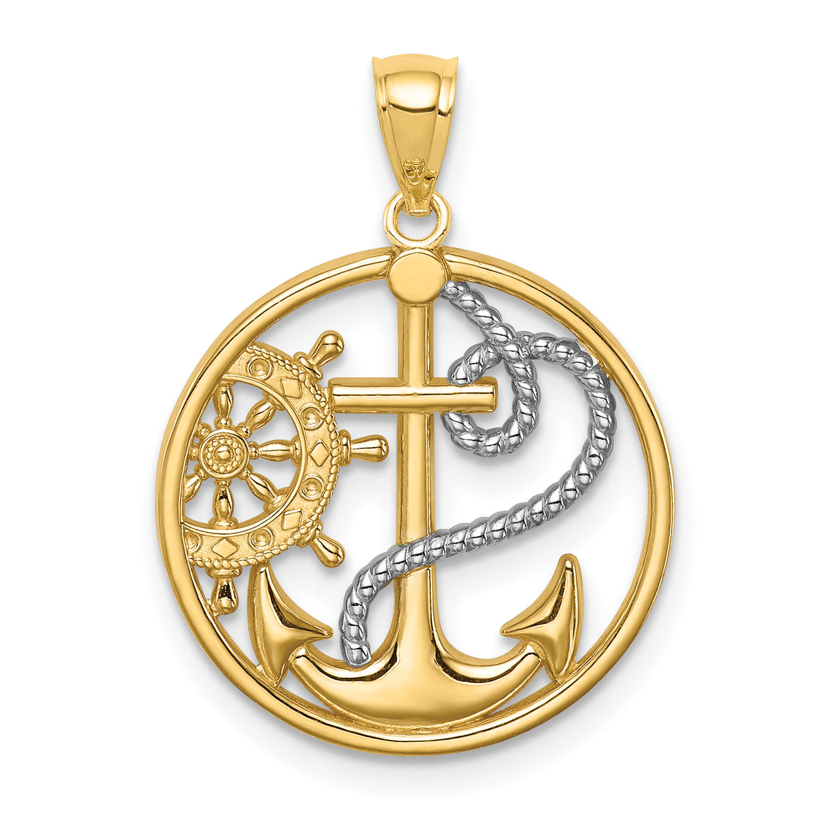 14K W/ Rhodium Cross Anchor Captain Wheel Pendant