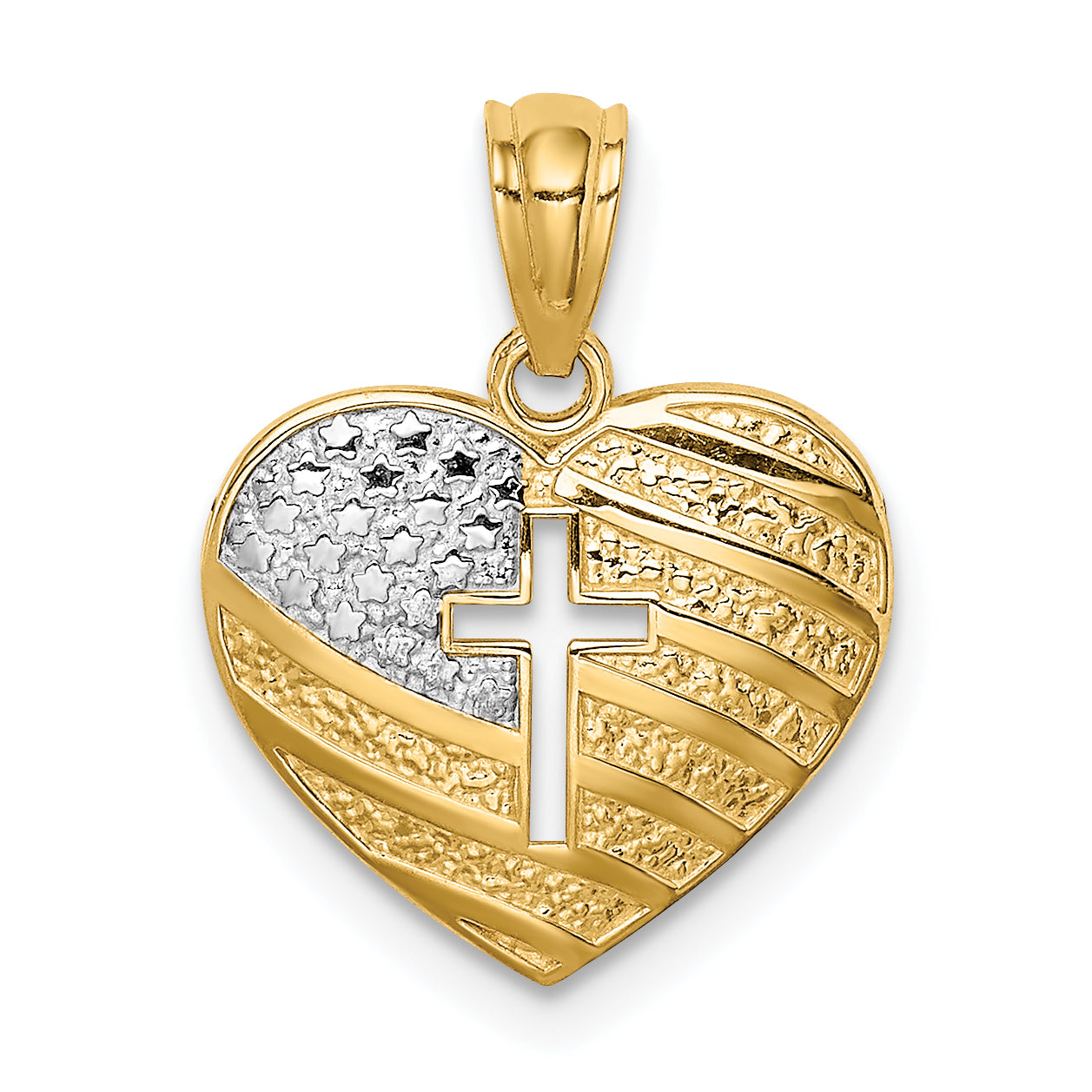 14K w/Rhodium US Flag With Cross Heart Pendant