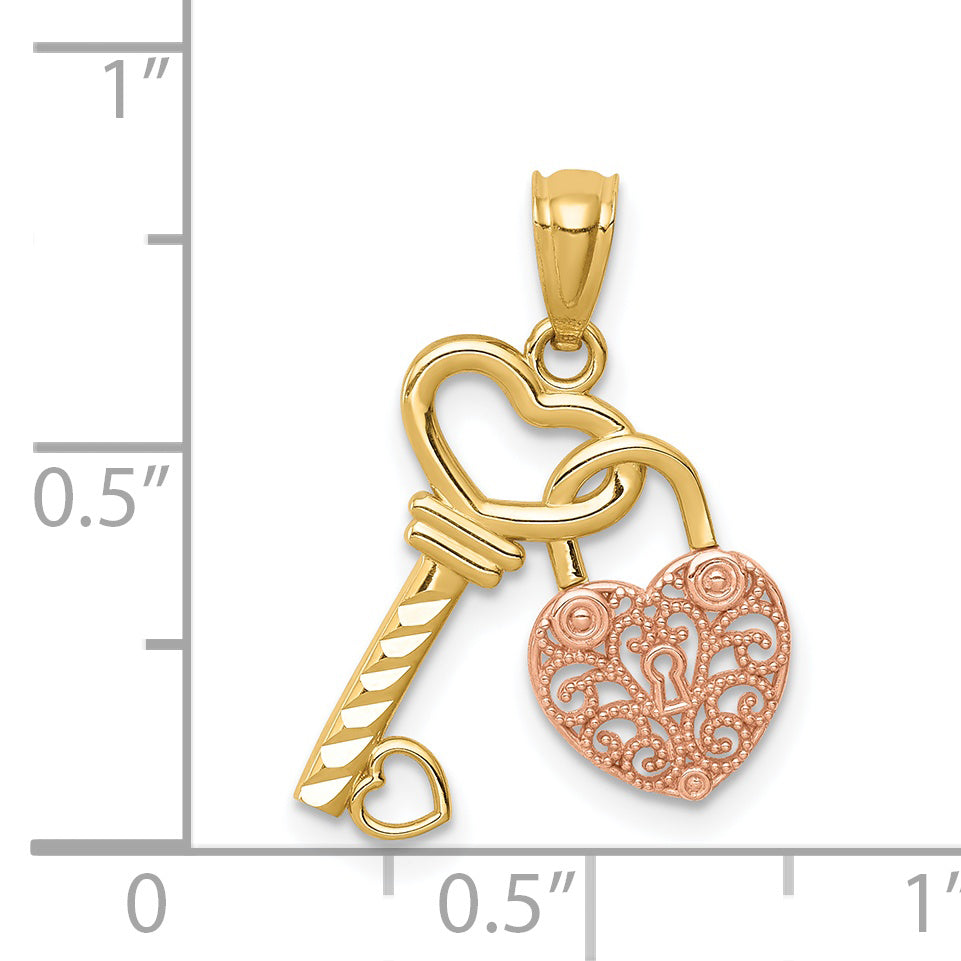 14K Two-tone Polished Filigree Heart Lock and Diamond-cut Key Charm