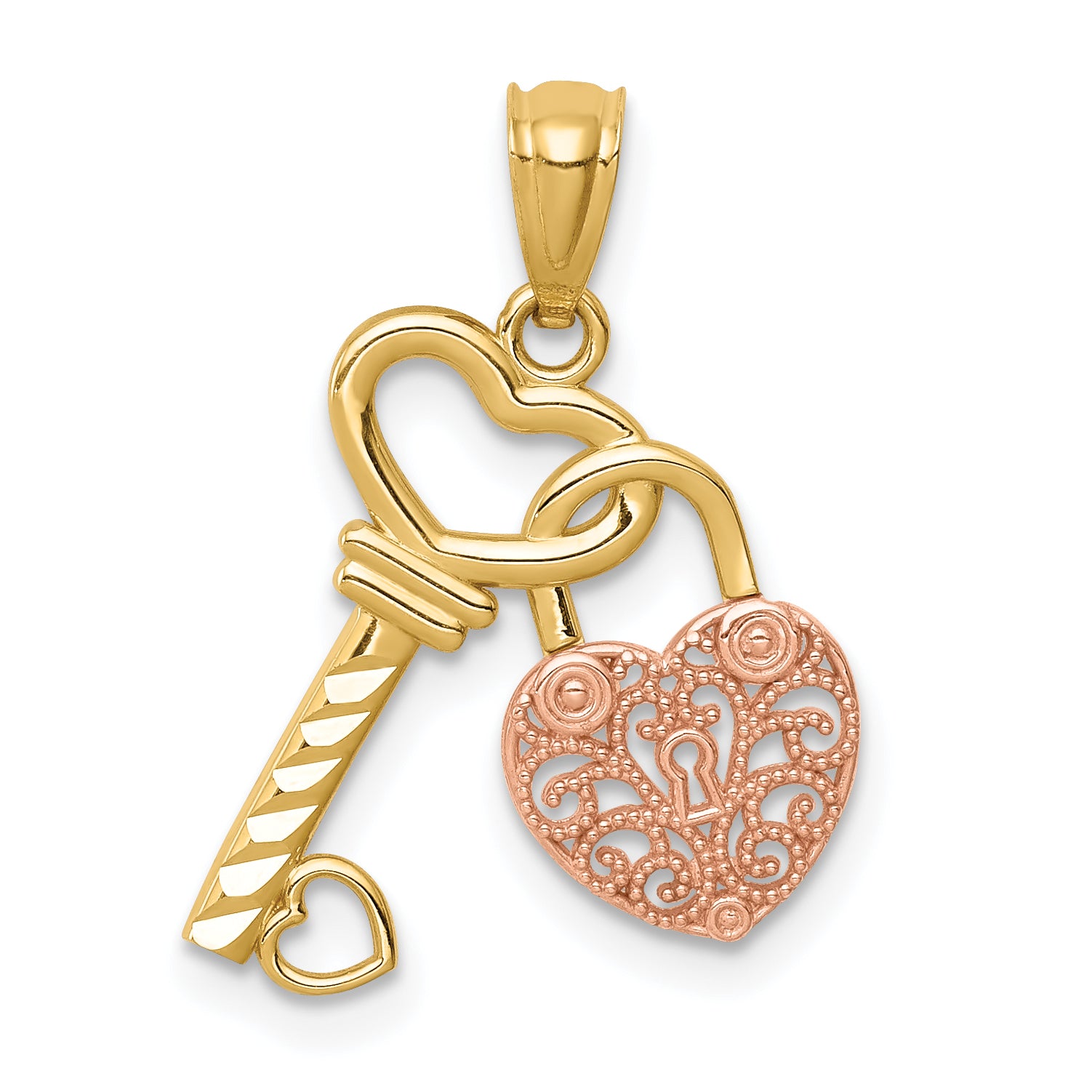 14K Two-tone Polished Filigree Heart Lock and Diamond-cut Key Charm