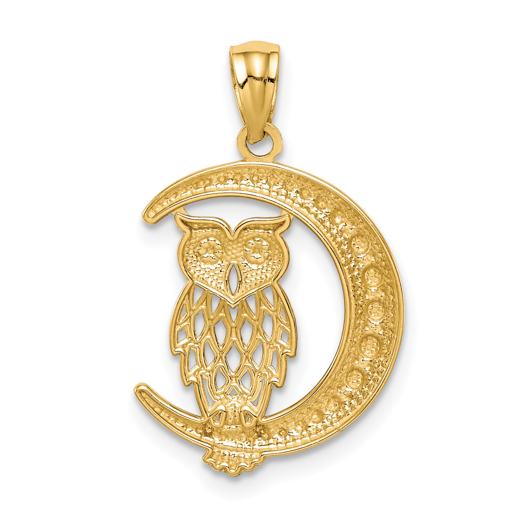 14K White Rhodium D/C Owl on the Moon Pendant