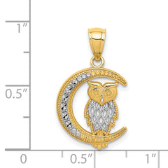 14K White Rhodium D/C Owl on the Moon Pendant