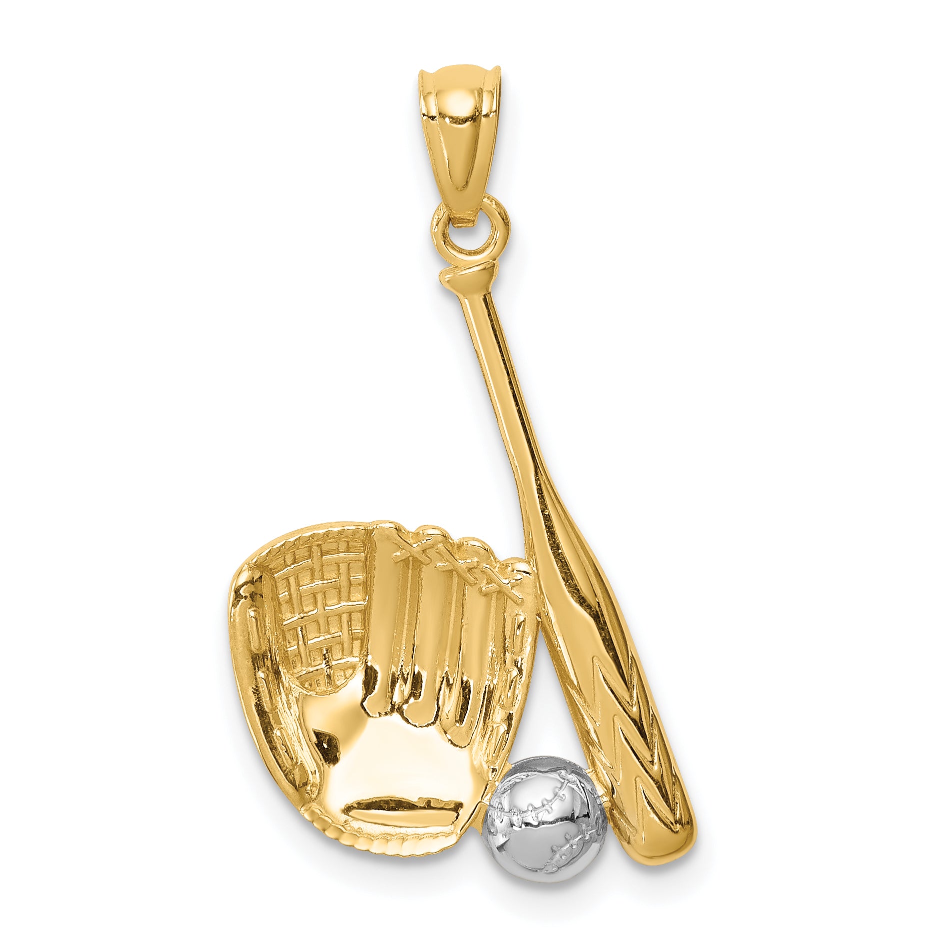 14K White Rhodium Baseball Glove Bat Ball Pendant