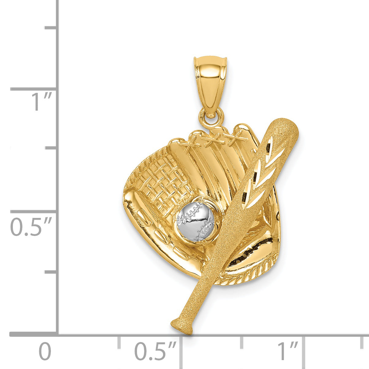 14K D/C White Rhodium Baseball Bat Glove Ball Pendant