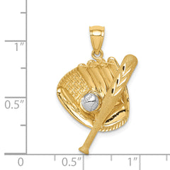 14K D/C White Rhodium Baseball Bat Glove Ball Pendant