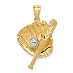 14K D/C White Rhodium Baseball Bat Glove Ball Pendant