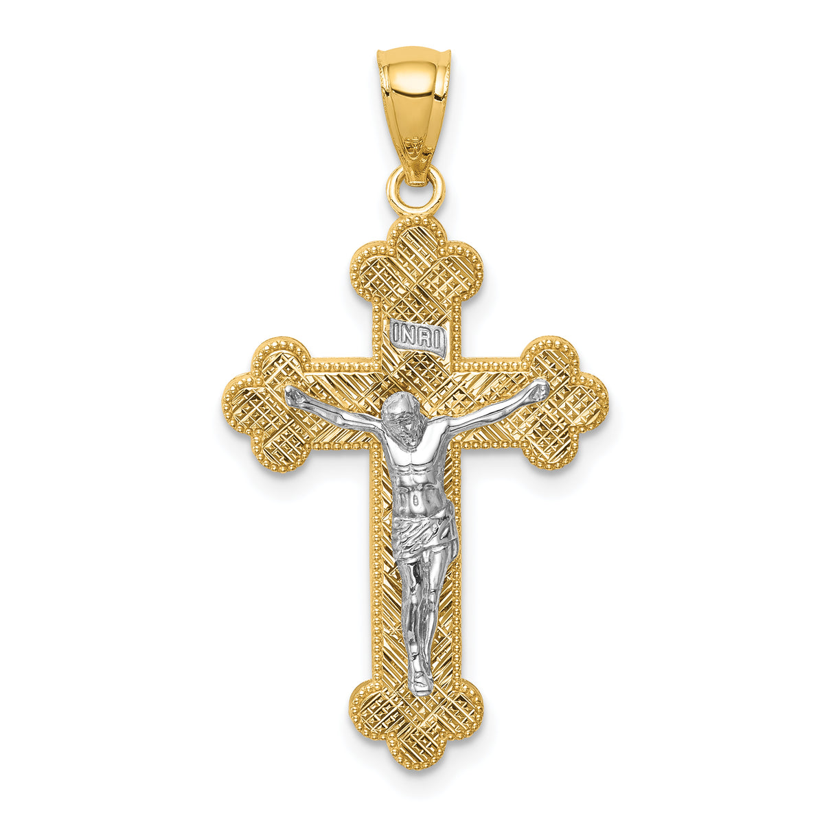 14K Two-Tone w/Rhodium Inri Budded Crucifix