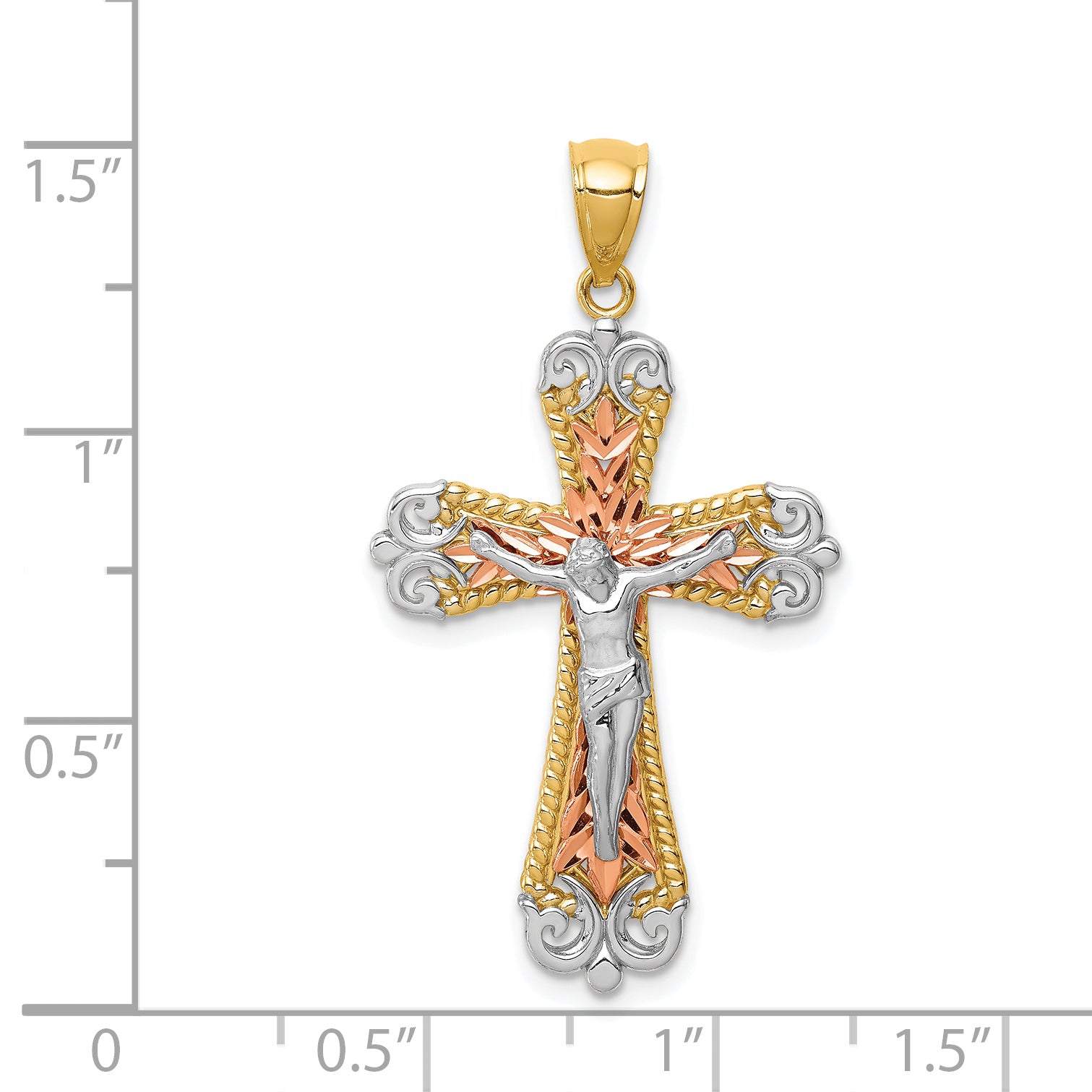 14K Tri-Color D/C w/White Rhodium Crucifix Pendant