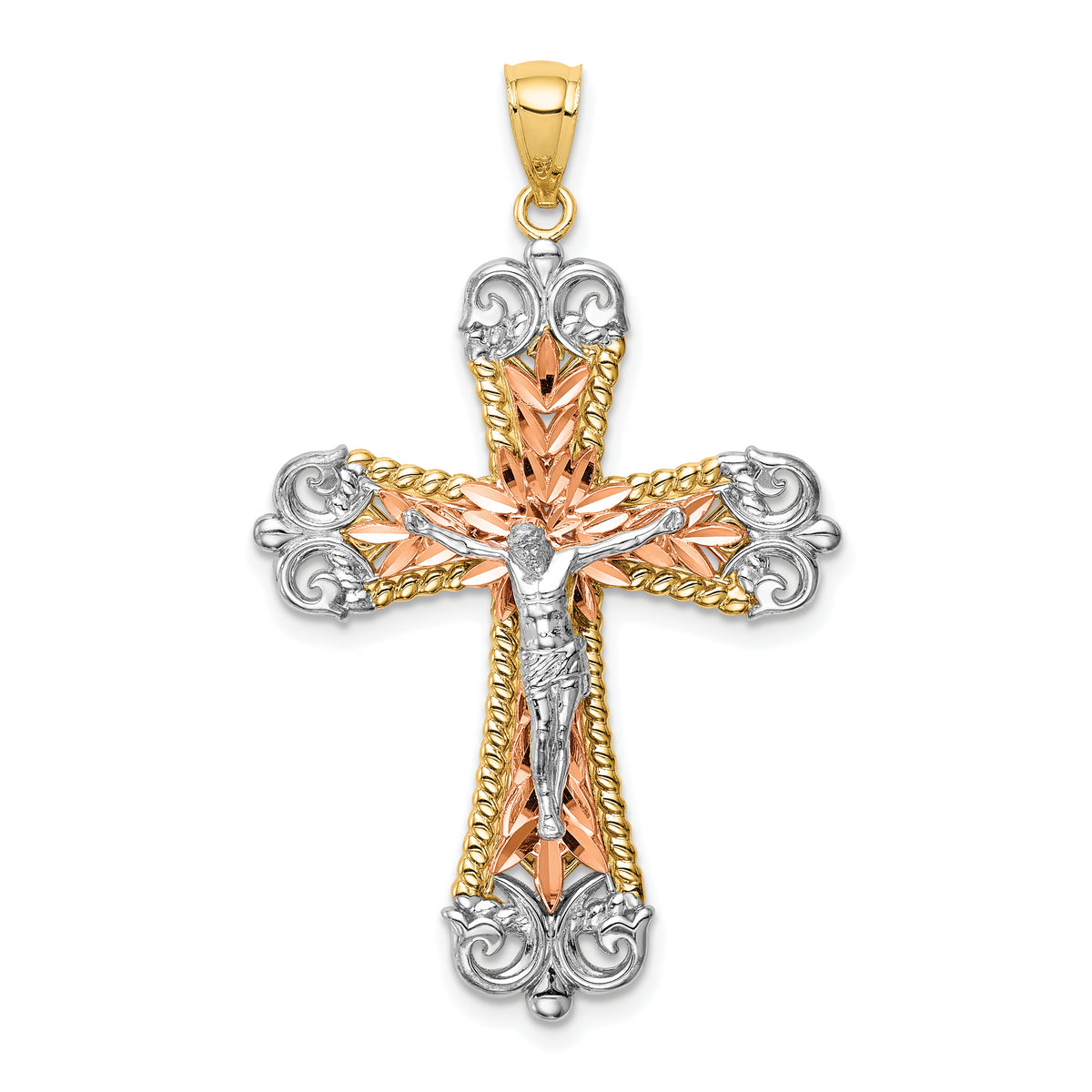 14K Tri-Color w/Rhodium Crucifix Pendant