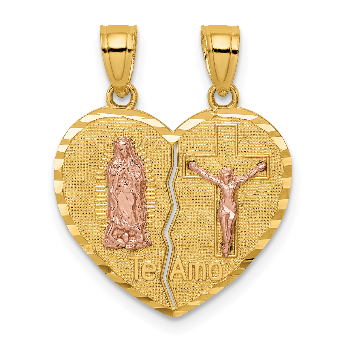 14K Two-tone Reversible Lady of Guadalupe&Crucifix Breakapart Pendant