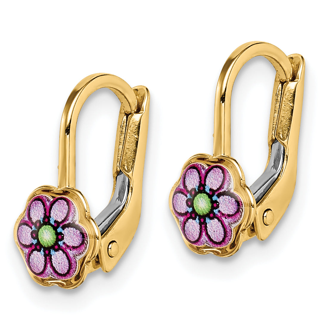 14K Children's Enamel Flower Leverback Earrings