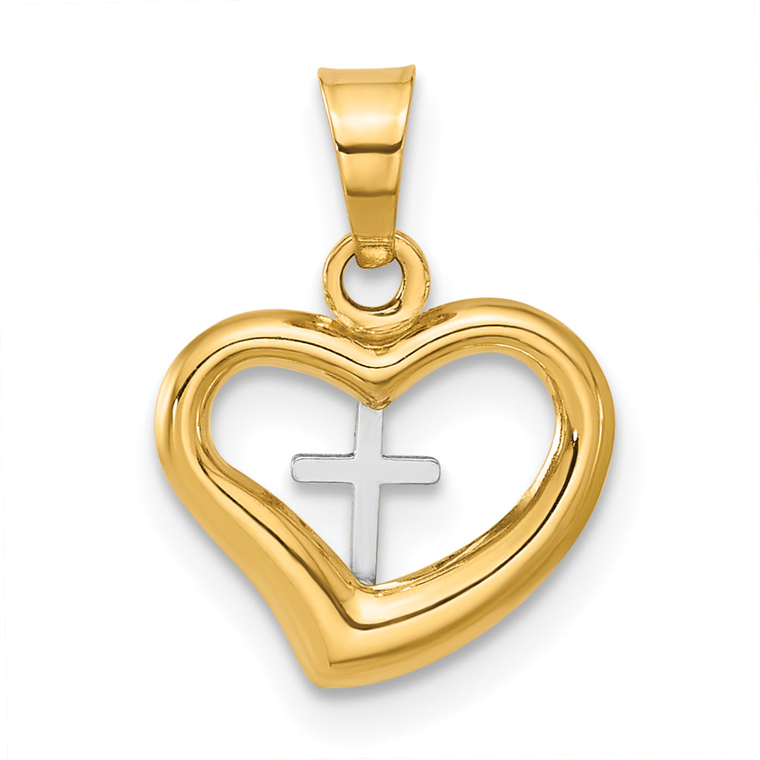 14K Two-tone Polished Cross in Heart Pendant