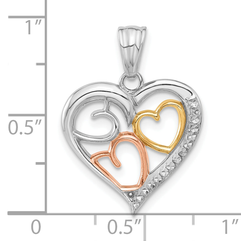 14K Tri-color Diamond-cut Hearts Pendant