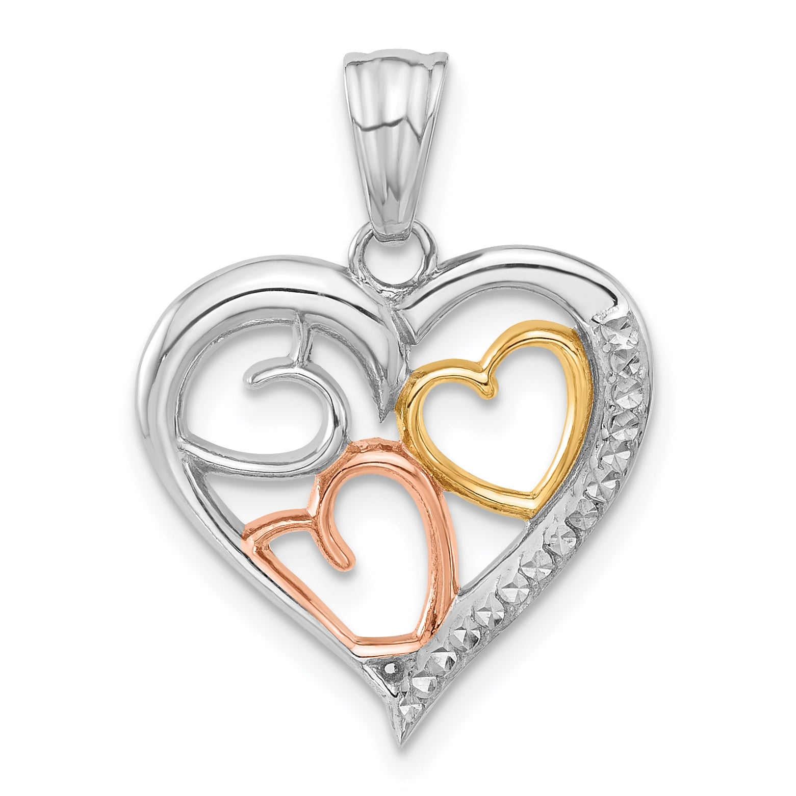 14K Tri-color Diamond-cut Hearts Pendant