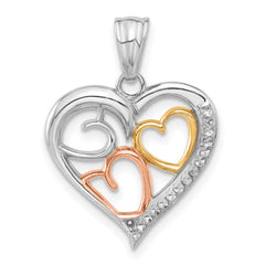 14K Tri-color Diamond-cut Hearts Pendant