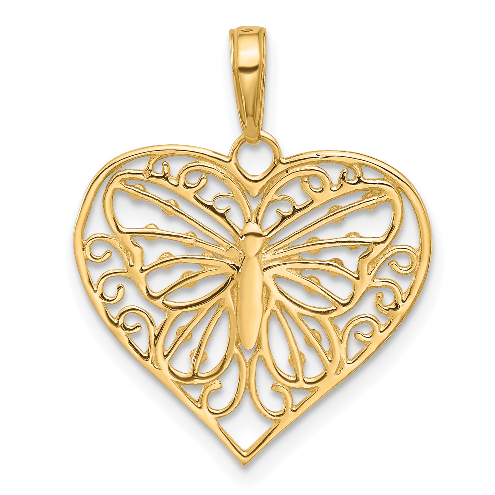 14K and White Rhodium D/C Butterfly Heart Pendant