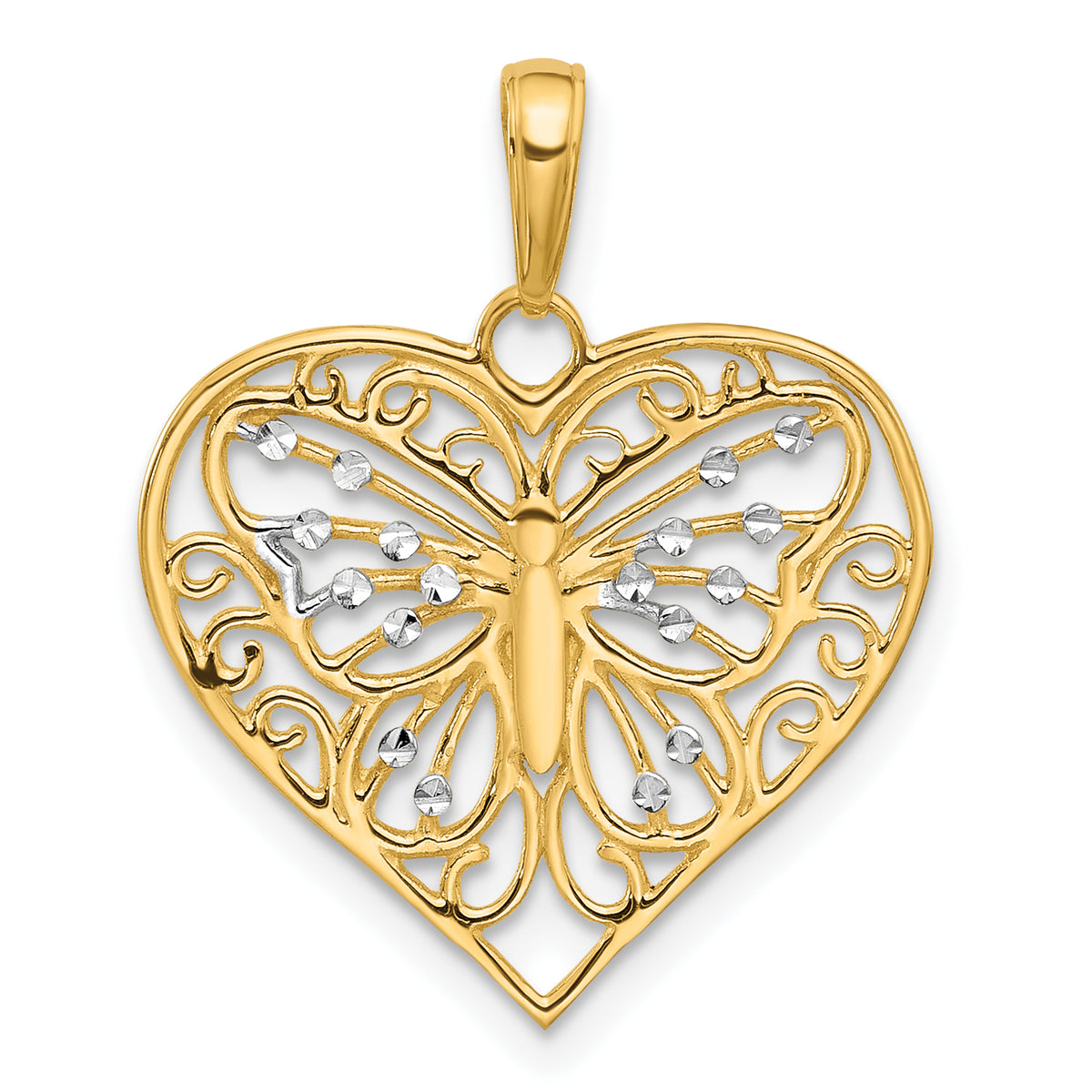 14K and White Rhodium D/C Butterfly Heart Pendant