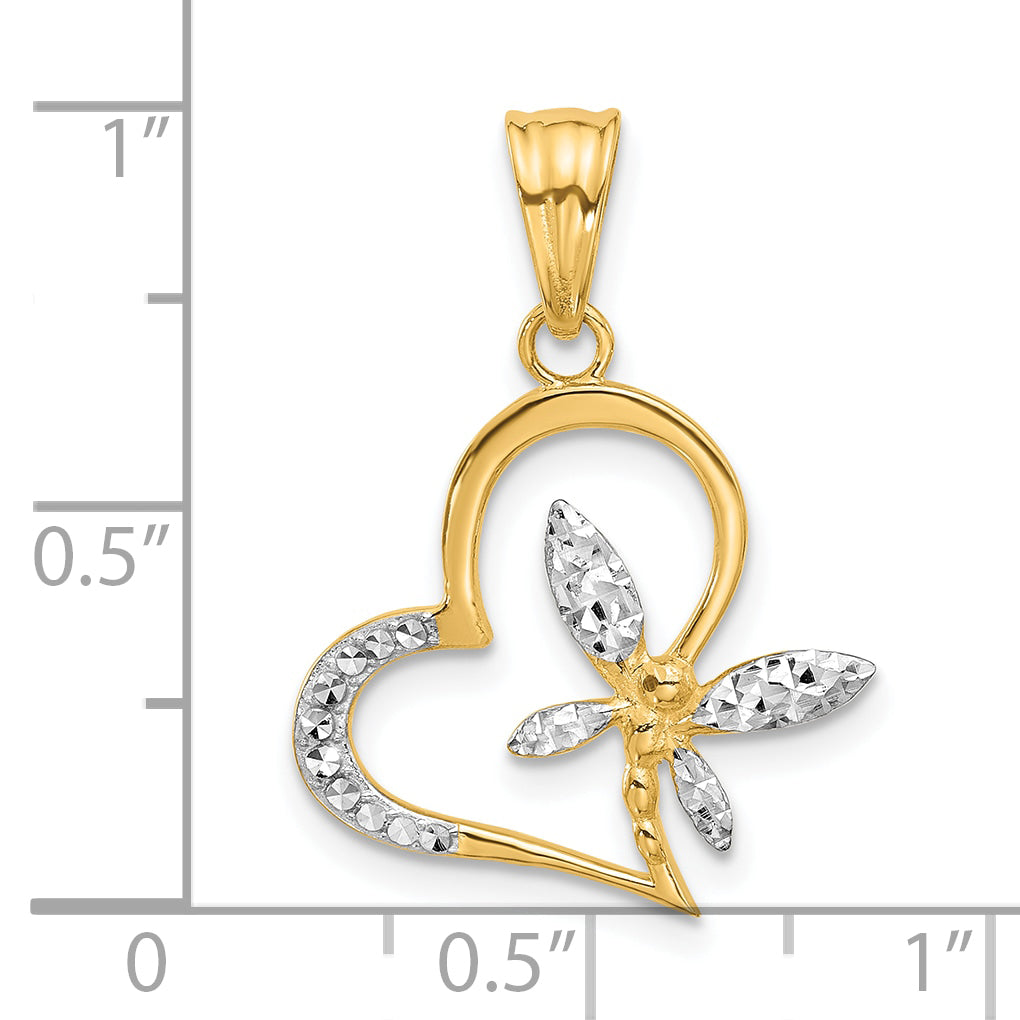 14K and White Rhodium D/C Dragonfly on Heart Pendant