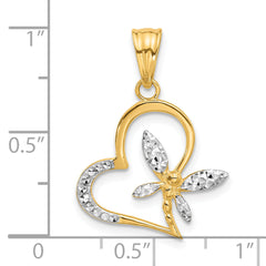 14K and White Rhodium D/C Dragonfly on Heart Pendant