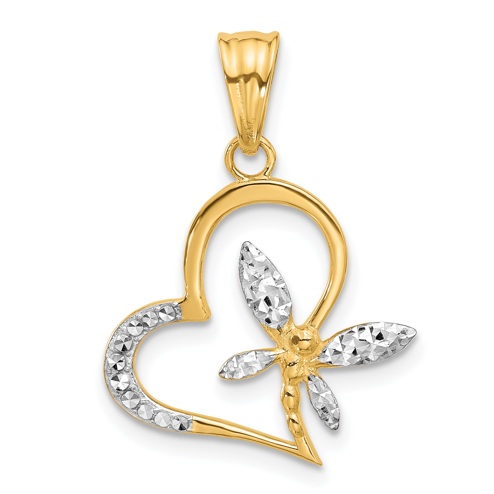 14K and White Rhodium D/C Dragonfly on Heart Pendant