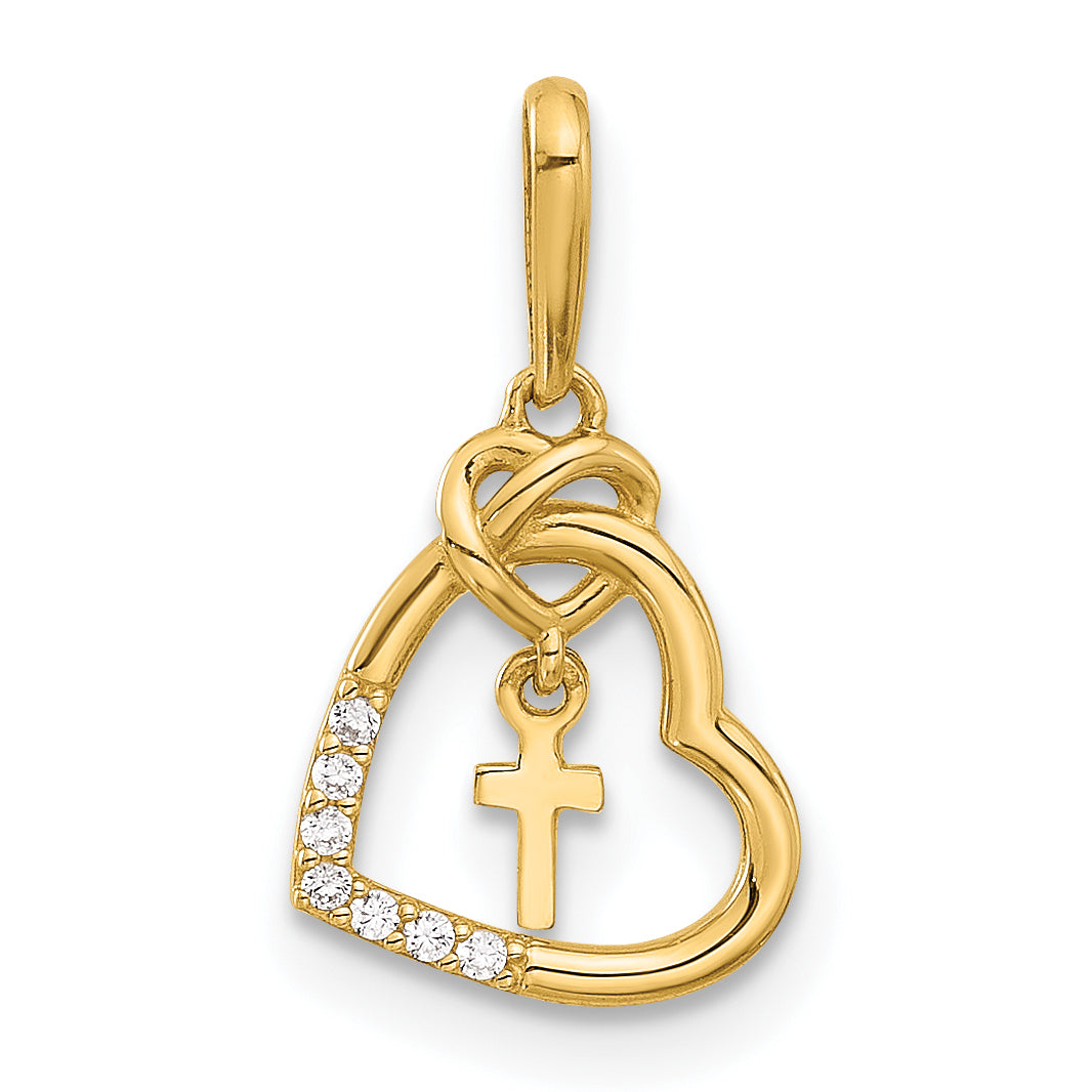 14k Polished CZ Heart w/Cross Dangle Pendant