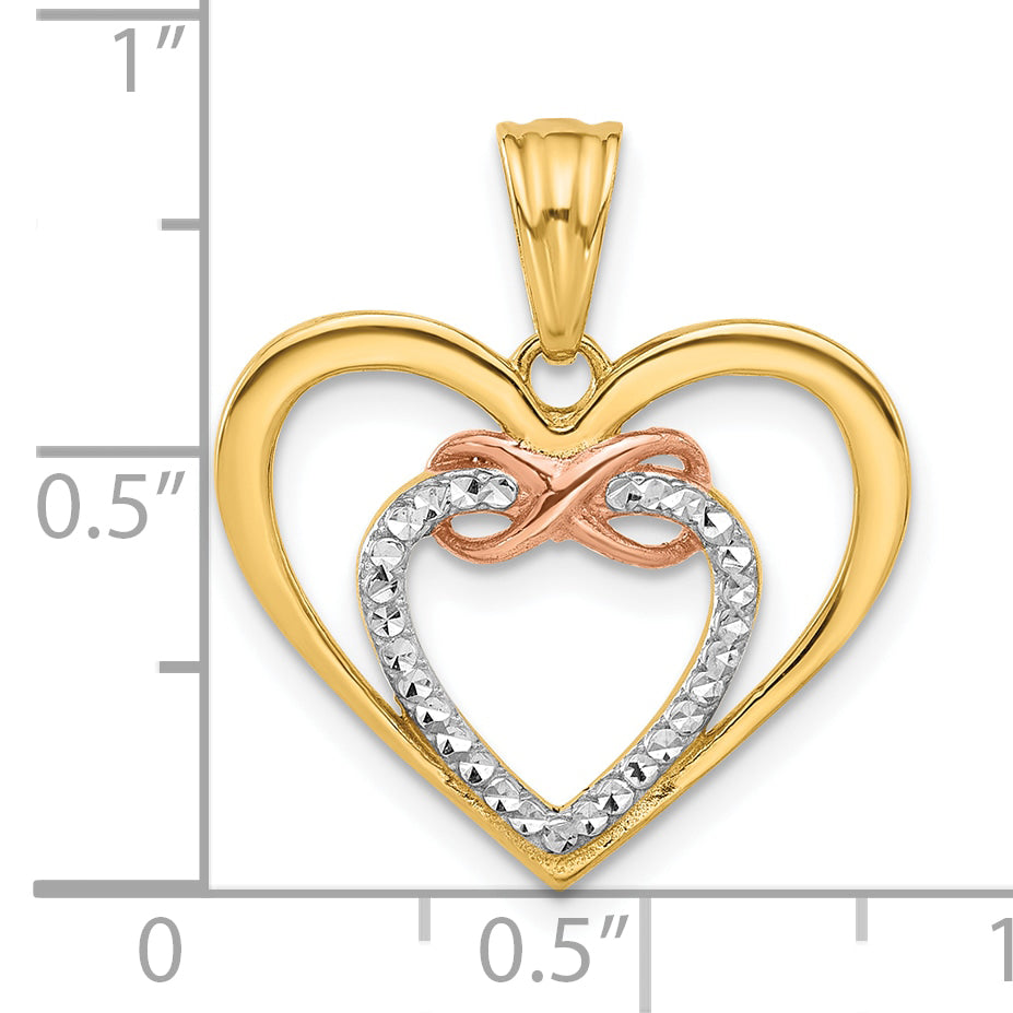 14K Two-tone and White Rhodium Diamond-cut Infinity Hearts Pendant