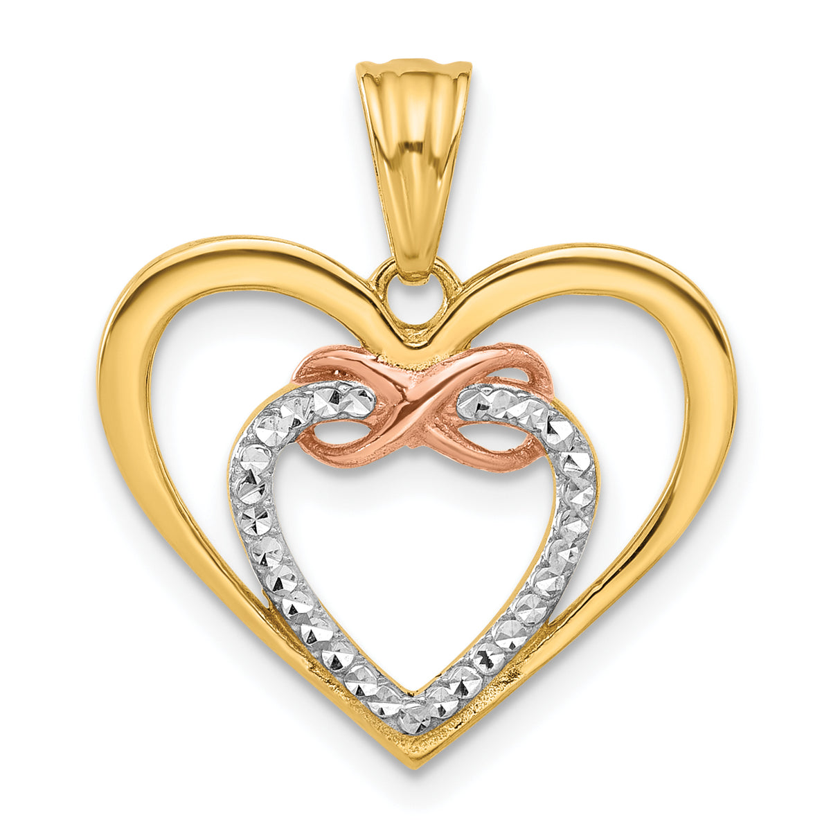 14K Two-tone and White Rhodium Diamond-cut Infinity Hearts Pendant