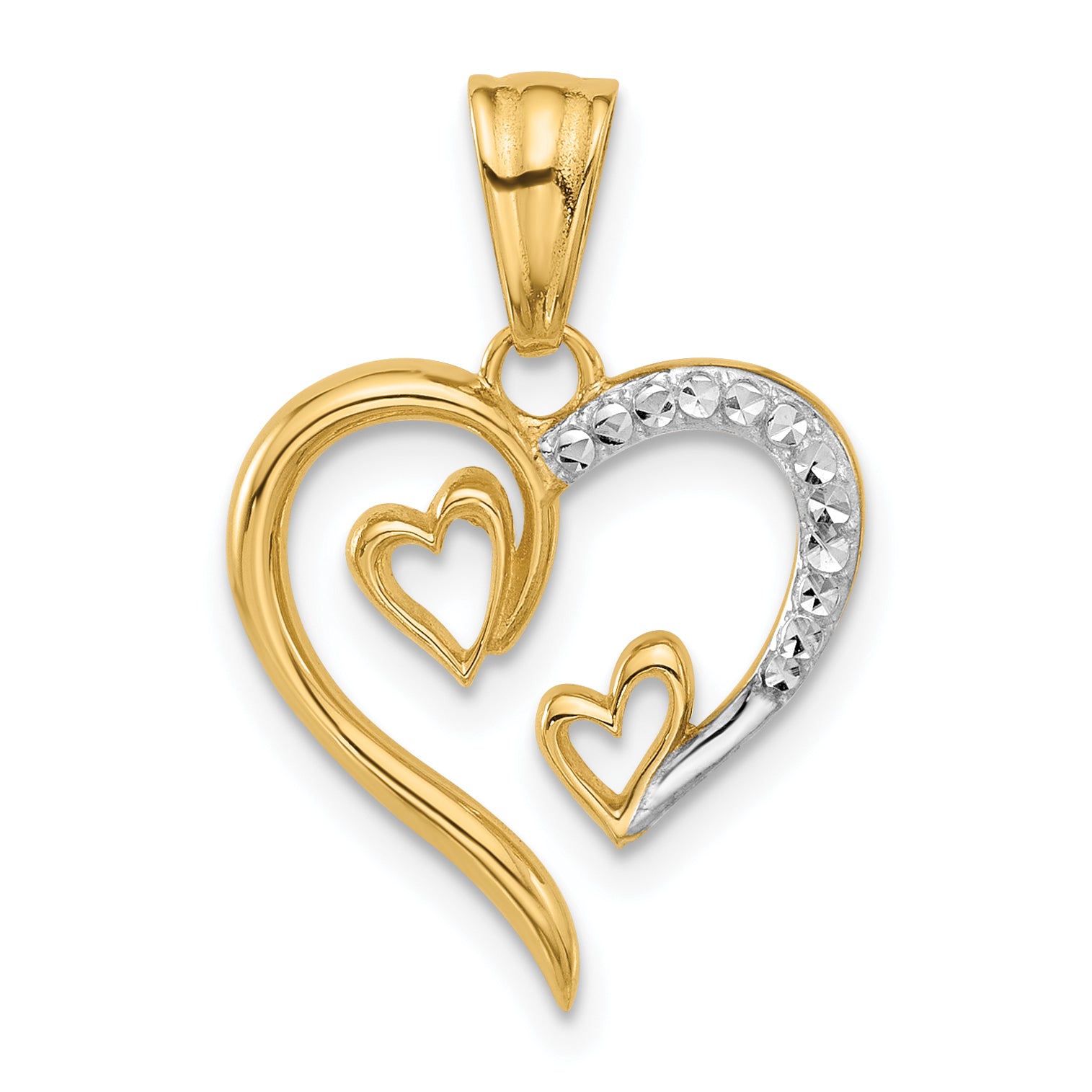 14K with White Rhodium Diamond-cut Open Hearts Pendant