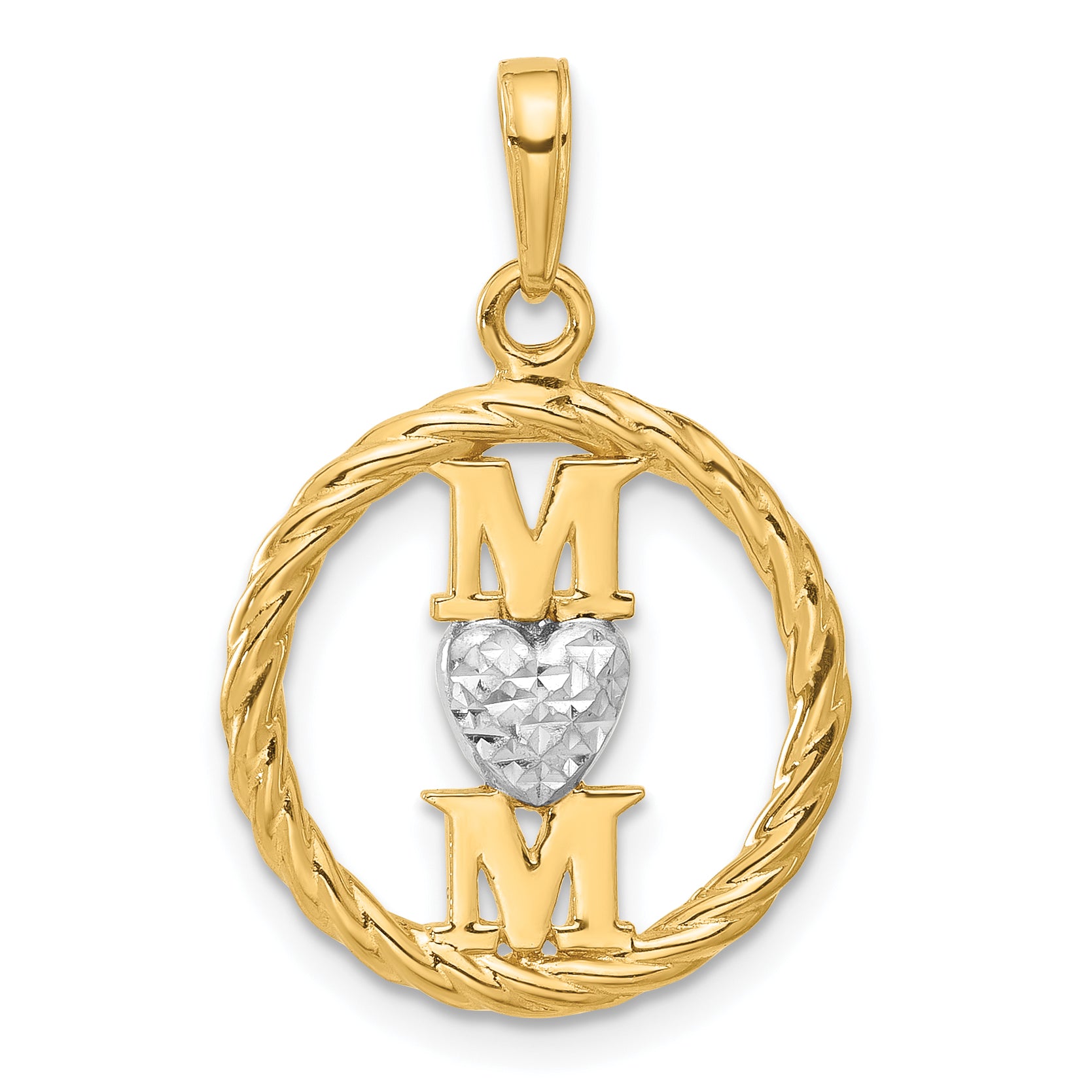 14k and White Rhodium D/C Heart Mom Pendant