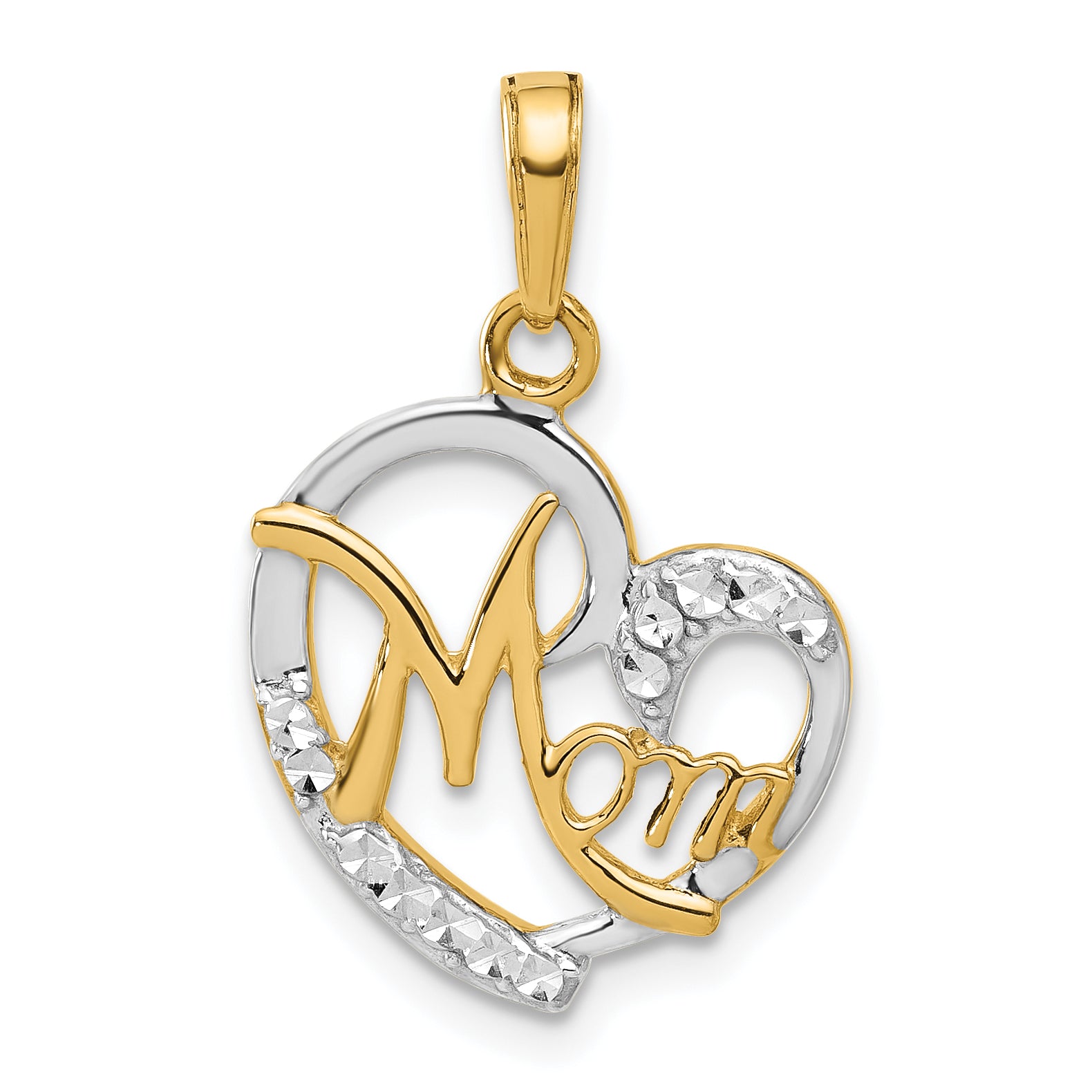 14k and White Rhodium D/C Heart Mom Pendant