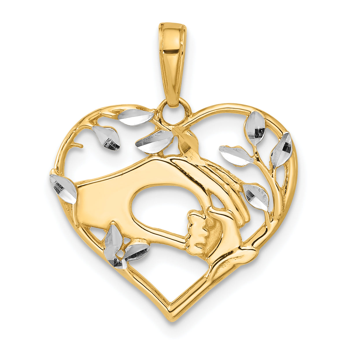 14k and White Rhodium D/C Mother and Child Hands in Heart Pendant