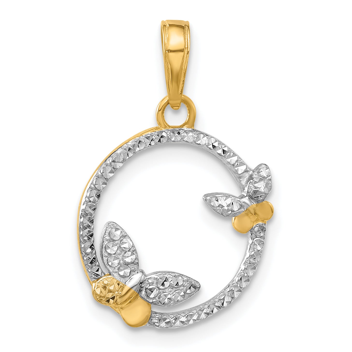 14K And White Rhodium D/C Butterflies on Circle Pendant