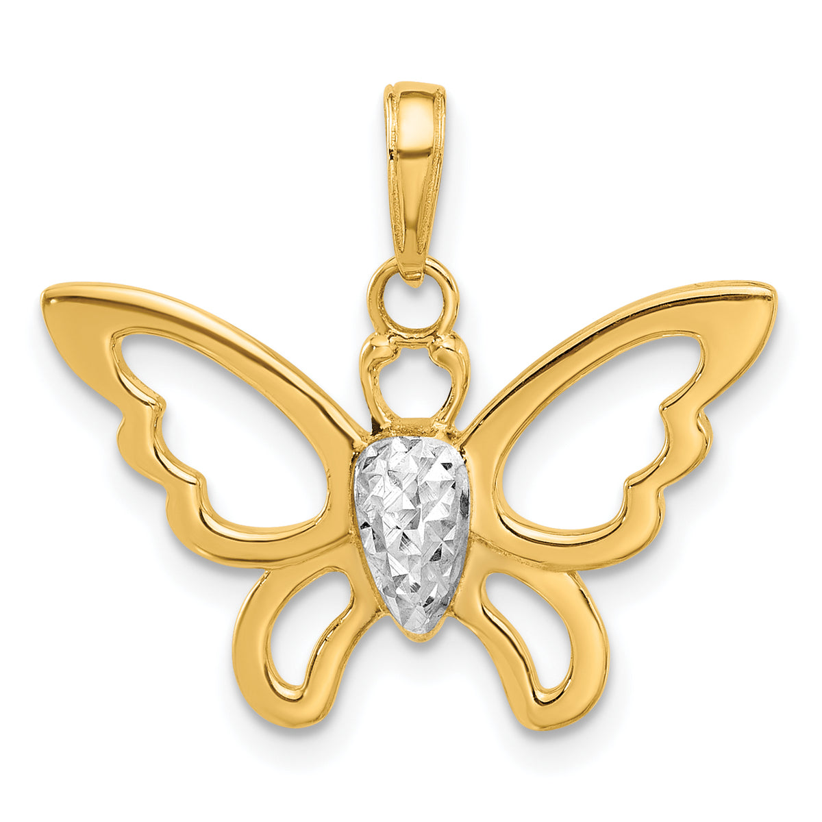 14K and White Rhodium Polished and D/C Butterfly Pendant