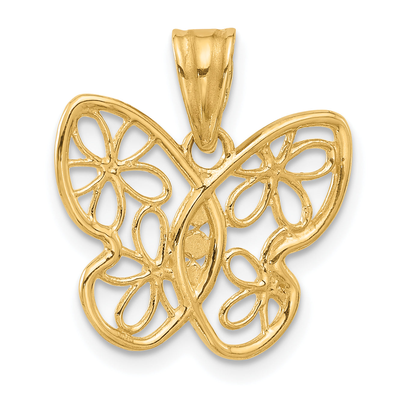 14K and White Rhodium Polished and D/C Flower Butterfly Pendant