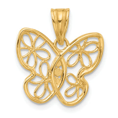 14K and White Rhodium Polished and D/C Flower Butterfly Pendant