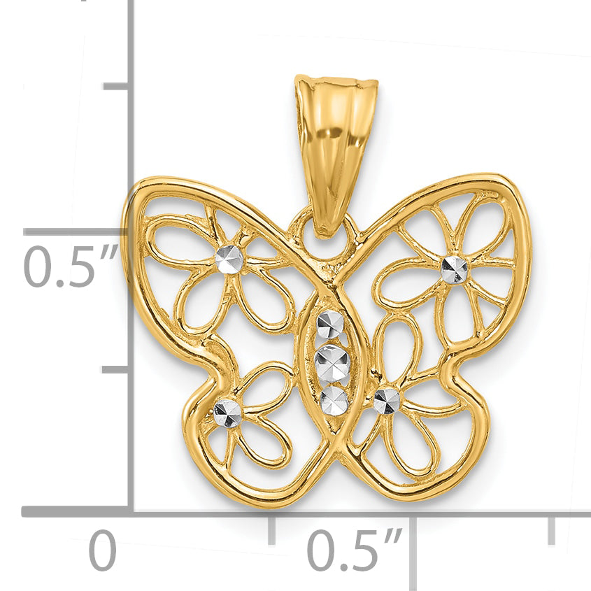 14K and White Rhodium Polished and D/C Flower Butterfly Pendant