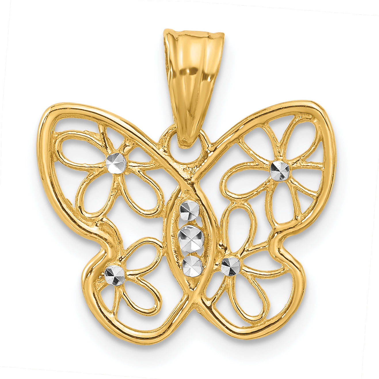 14K and White Rhodium Polished and D/C Flower Butterfly Pendant