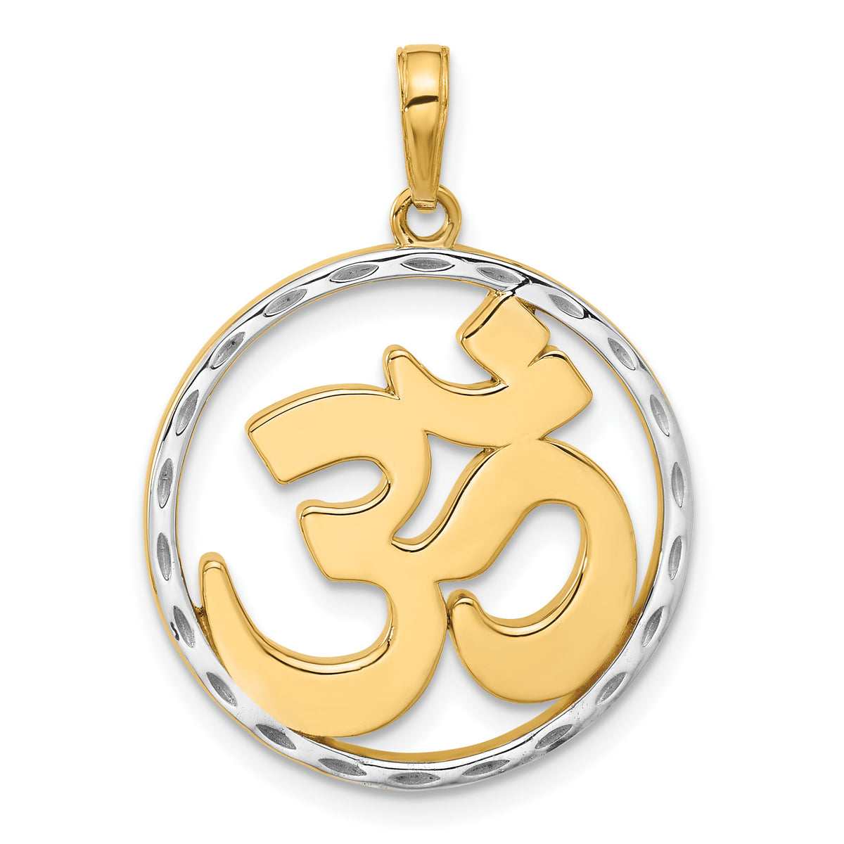 14K and White Rhodium D/C Om in Circle Pendant