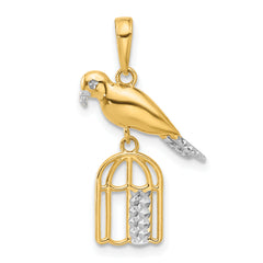 14K and White Rhodium D/C Bird on Bird Cage Pendant