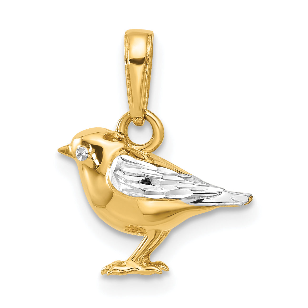 14K and White Rhodium D/C 3D Bird Pendant