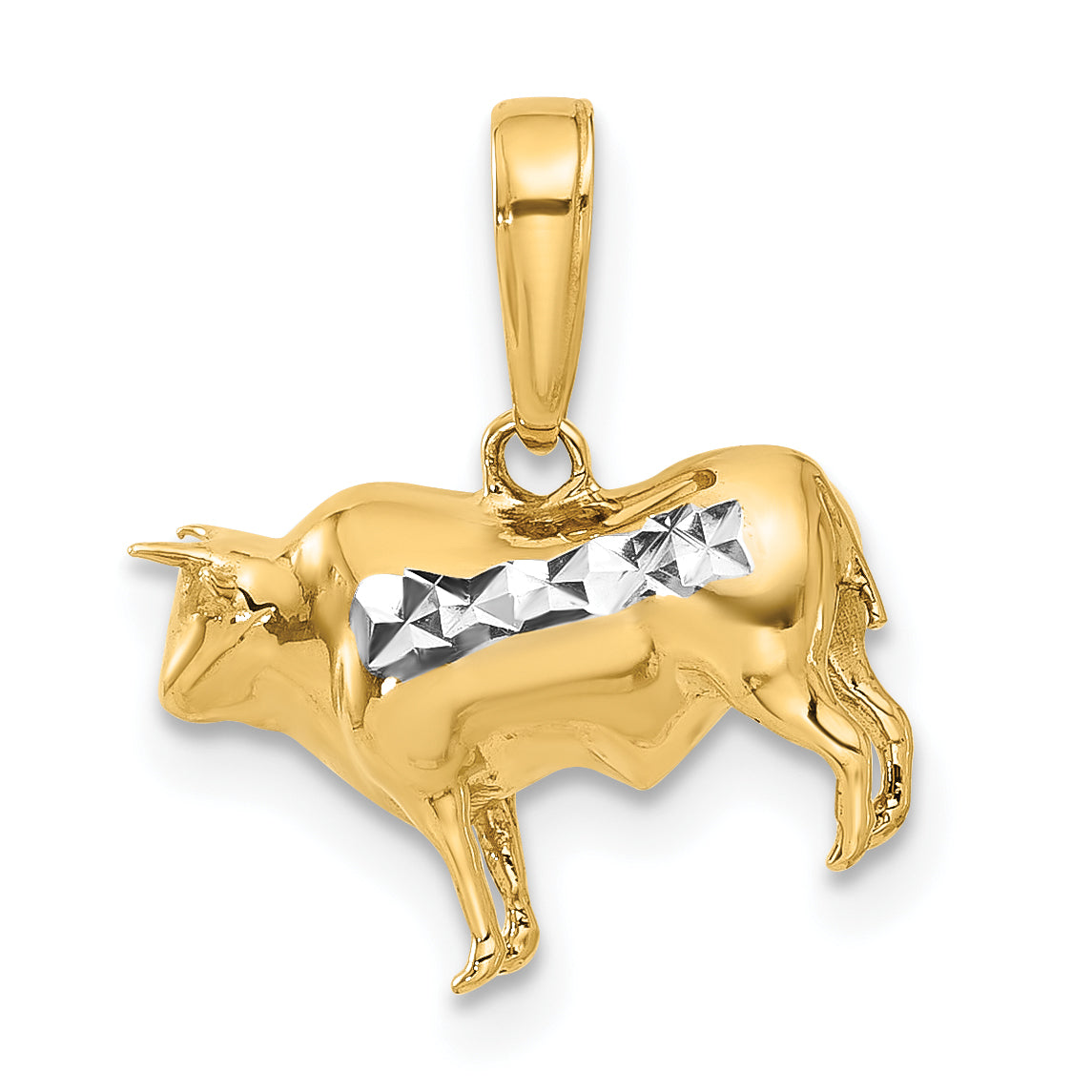 14k and White Rhodium D/C 3D Bull Pendant